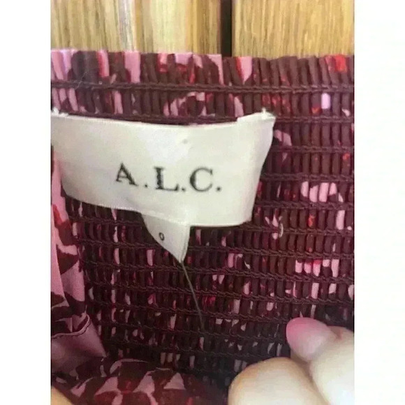 NWT A.L.C. Laura Keyhole Printed Smocked Back Maxi dark red pink Dress Size 0 - Picture 15 of 15